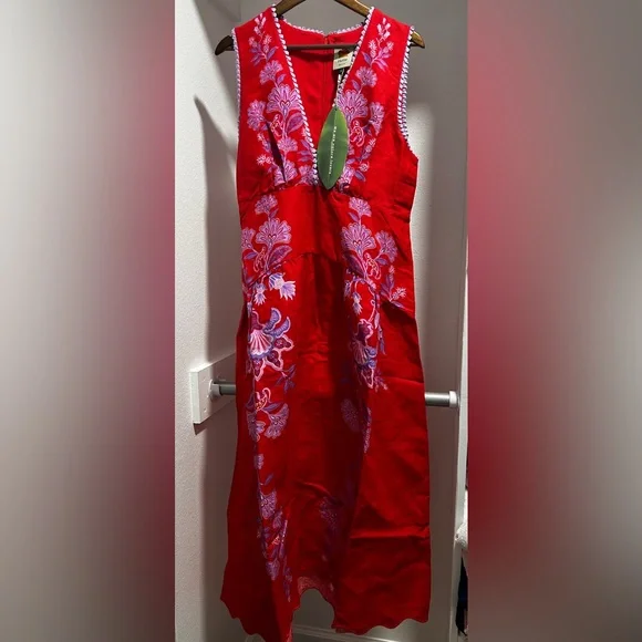 Farm Rio Red Porcelain Garden Linen Midi Dress. XL.